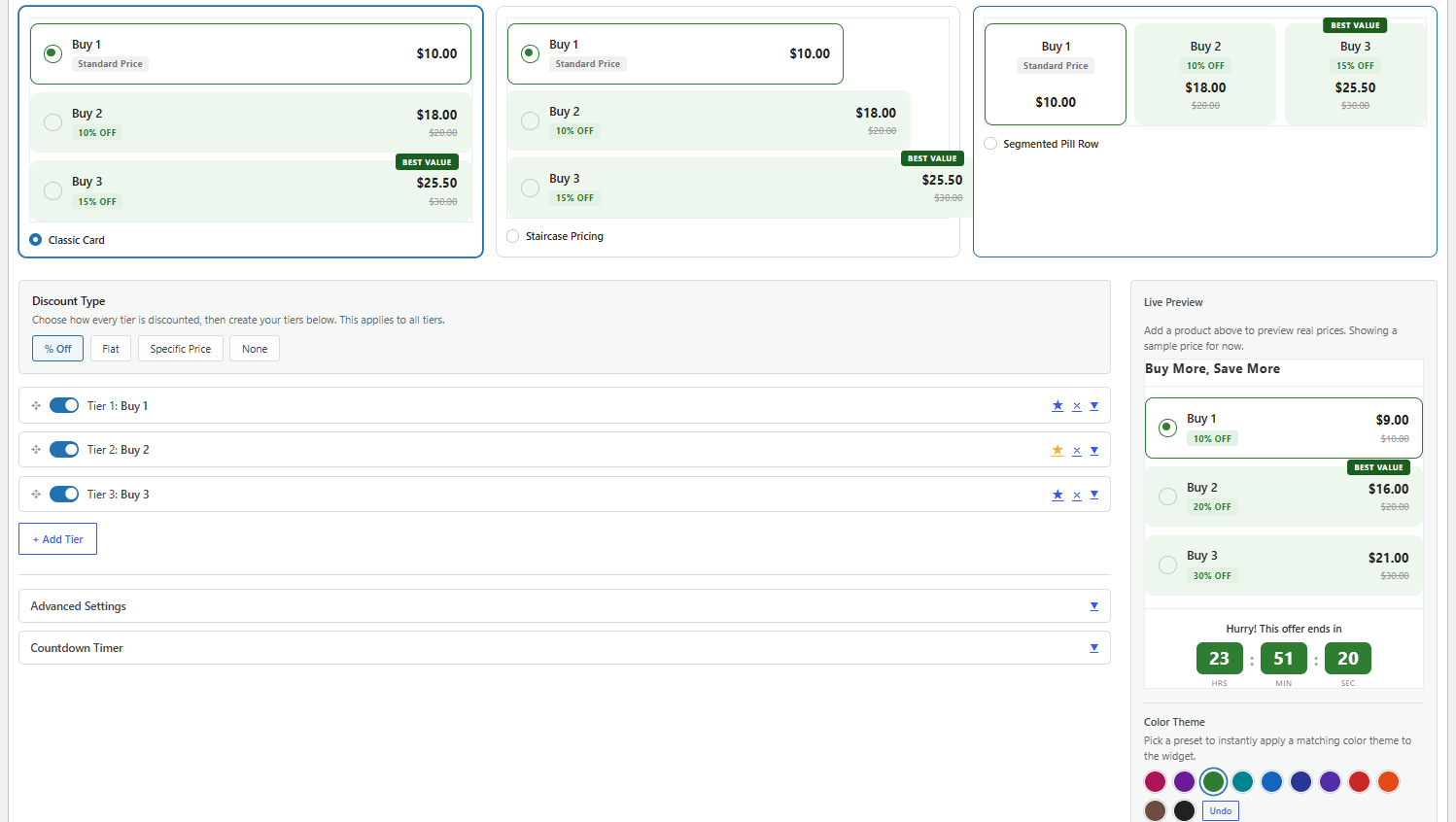 Bundle Discount admin editor showing widget styles, discount tiers, live preview and color themes